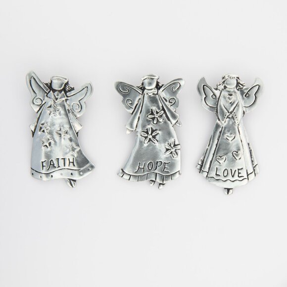 Uno Alla Volta | Pewter Faith Hope Love Angel Magnets | Handcrafted Set of 3 - Picture 2 of 11